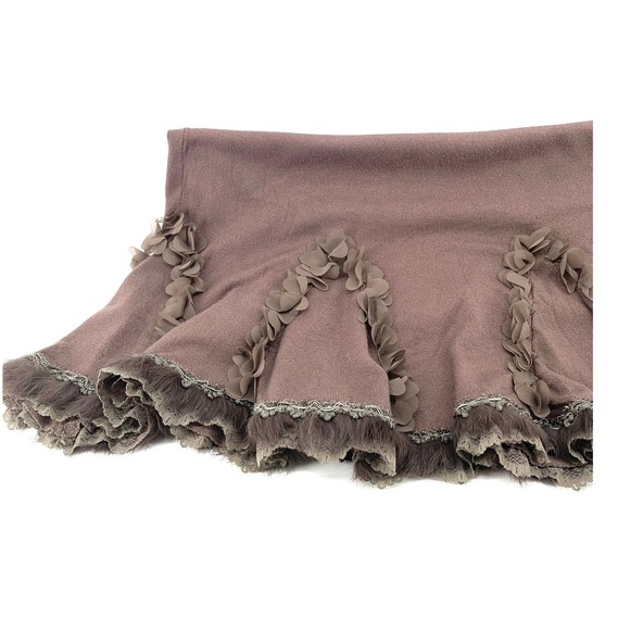 Preziosa Knit Skirt Brown Ruffle Flower Trim Flounce Hem Cashmere Blend‎ S M - Picture 5 of 13
